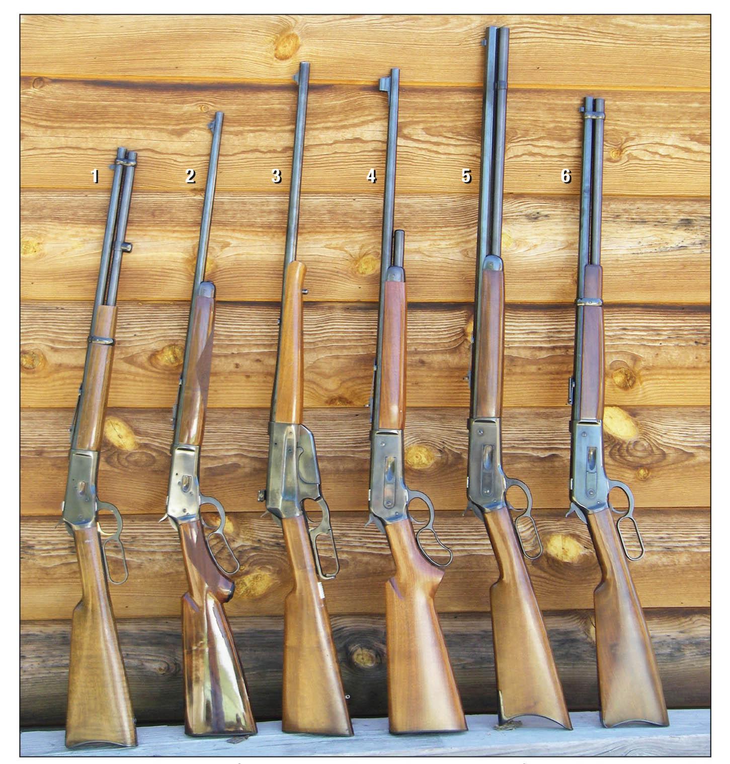 Browning reproductions of vintage Winchester lever-action rifles include a (1) Model B-92 .357 Magnum, (2) Model 53 .32-20 Winchester, (3) Model 1895 .30-40 Krag, (4) Model 71 .348 Winchester, (5) Model 1886 .45-70 rifle and a (6) Model 1886 .45-70 carbine.